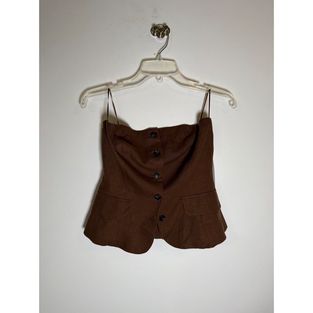 Broadway 38 Brown Linen Blend Button Front Peplum Strapless Top Size M NWT